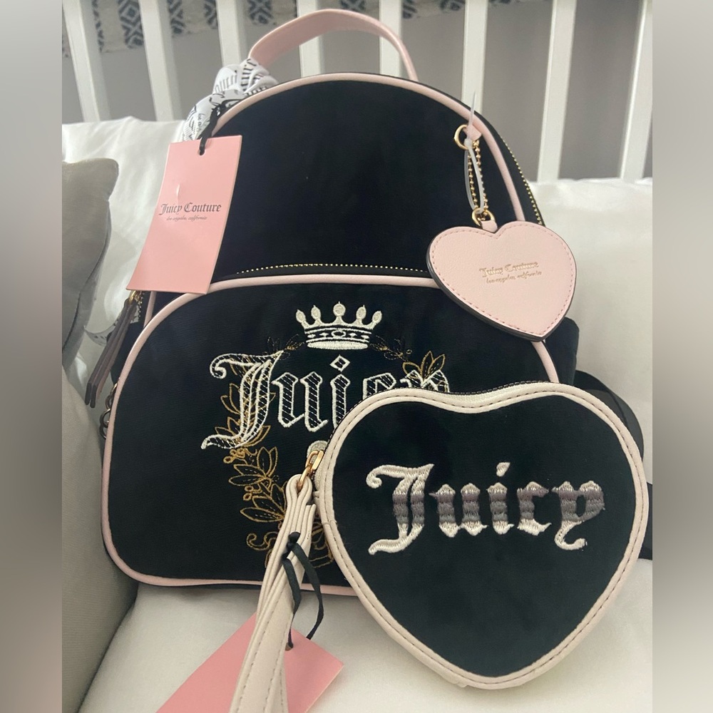 NWT Juicy Couture Black and Pink Backpack Velour with Black & White Heart